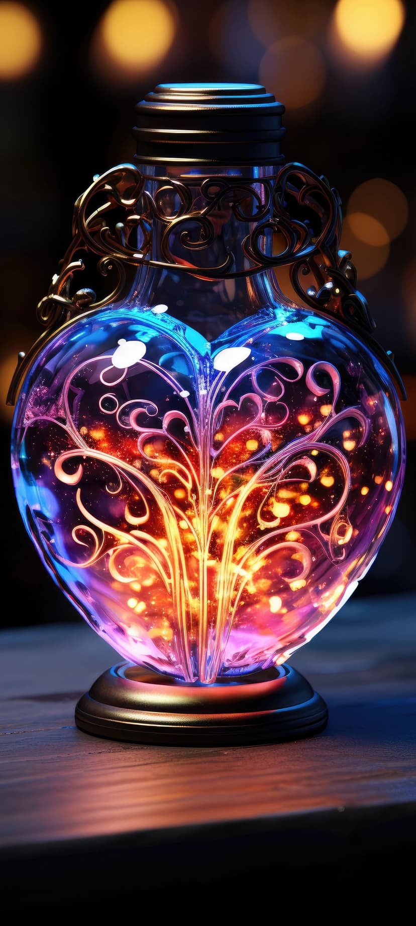 Heart-shaped bottle with ornate gold filigree and glowing orange potion sits against a warm bokeh background.