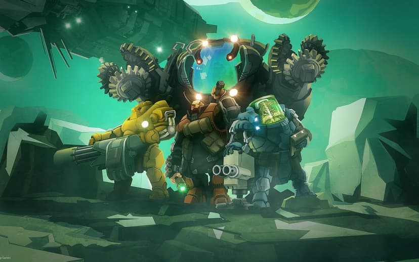 Armored space dwarves stand before a giant mechanical drill on a green alien planet with a moon and ship.