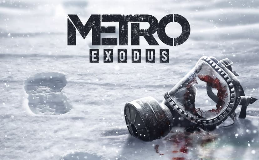 Broken gas mask with bloodstains resting on white snow with footprints and Metro Exodus text overlay.