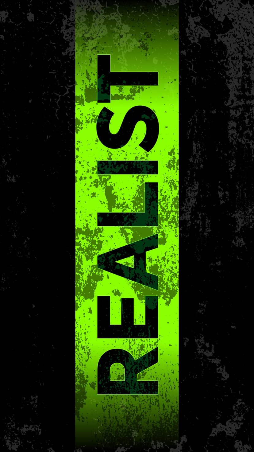 Black distressed lettering spelling REALIST sits on a lime green background with dark grainy side textures.