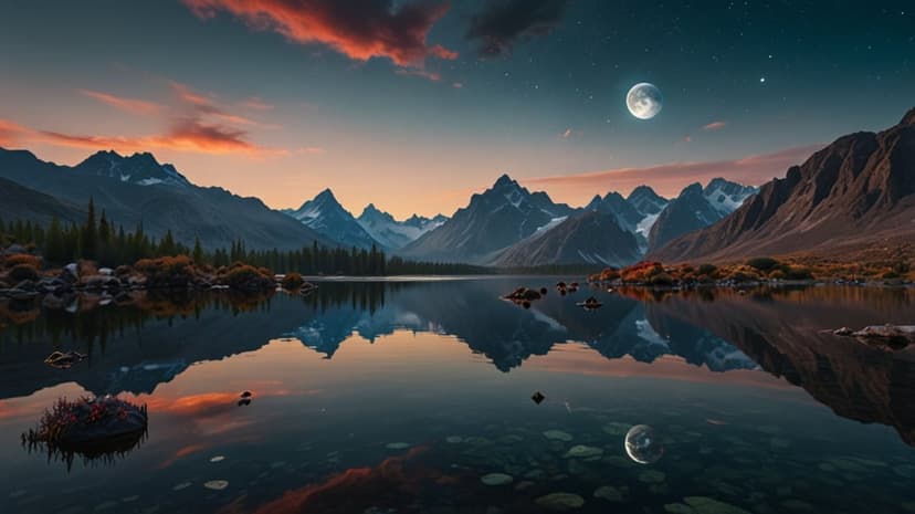 Snow-capped peaks reflect in a calm lake beneath a full moon and orange twilight sky during the blue hour.
