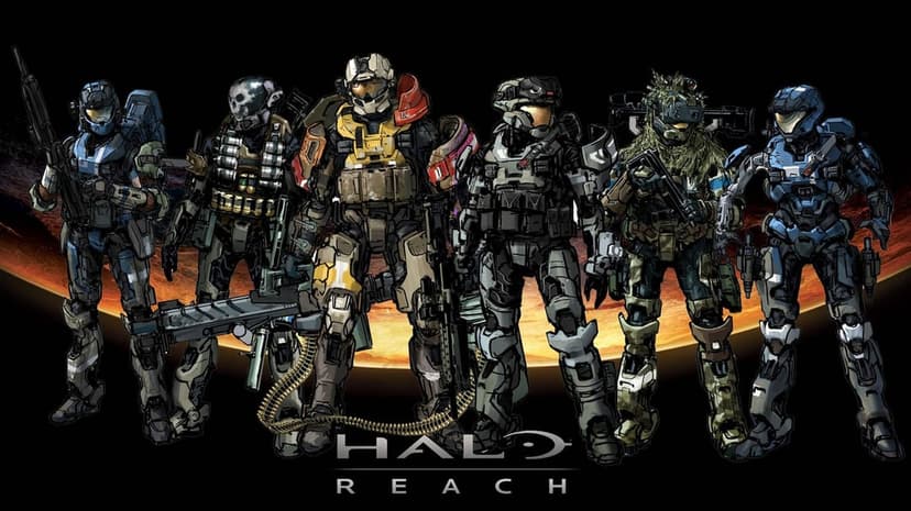 Six Halo Reach Spartans in detailed armor stand together against a dark space and orange planet background.