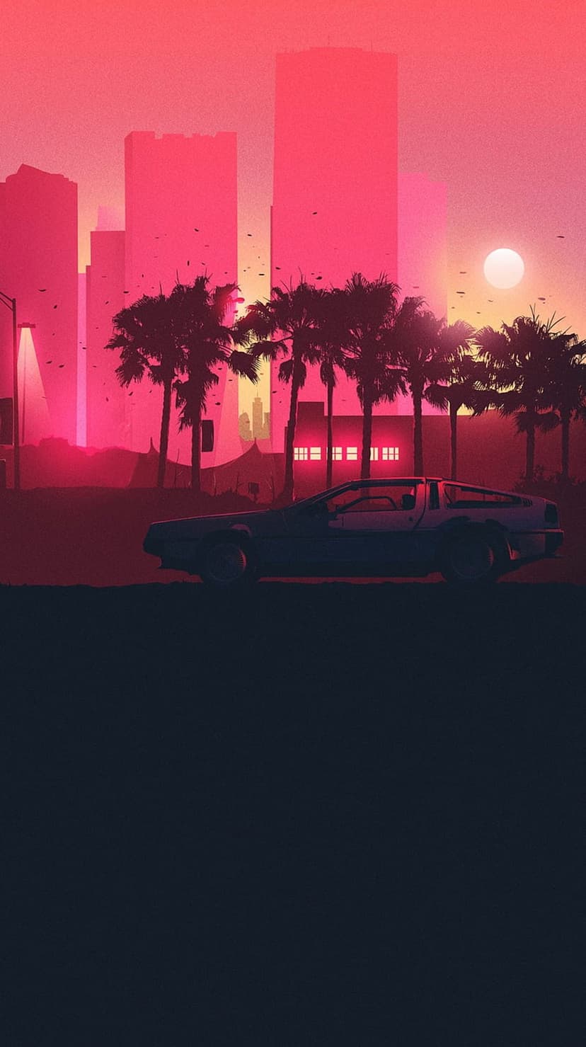 DeLorean car parked on a city street during a neon pink and orange sunset with silhouette palm trees in view.