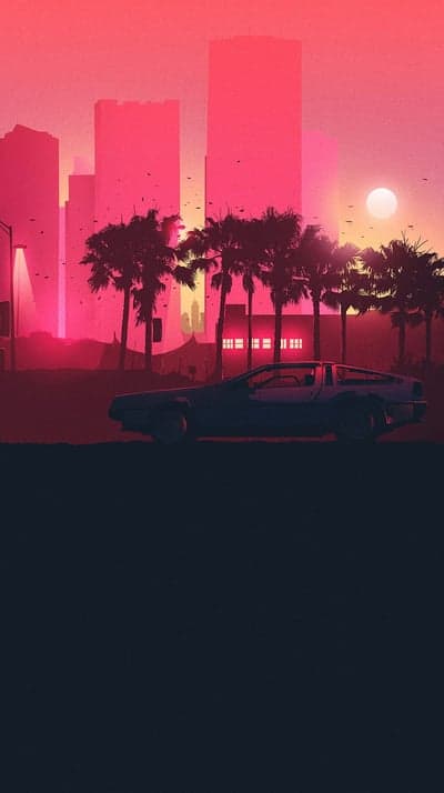 Retro 80s Synthwave DeLorean Phone Wallpaper in Neon Sunset