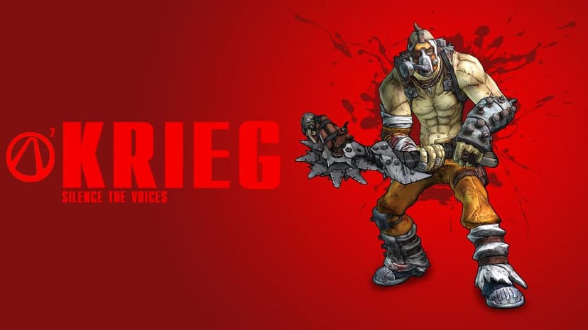 Krieg the Psycho holding a buzz axe against a red splattered background with Borderlands 2 branding text.