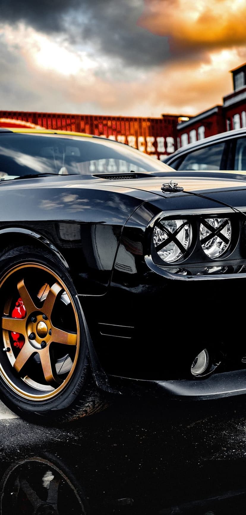 Black Dodge Challenger featuring gold rims and red calipers parked against a dramatic industrial sunset backdrop.