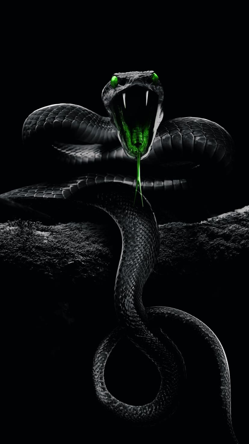 Black viper with open mouth and fangs reveals a glowing green interior against a dark textured surface.