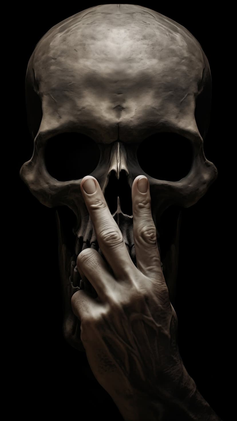 Human skull in deep shadow with a wrinkled hand reaching up to cover the empty eye sockets in a dark scene.