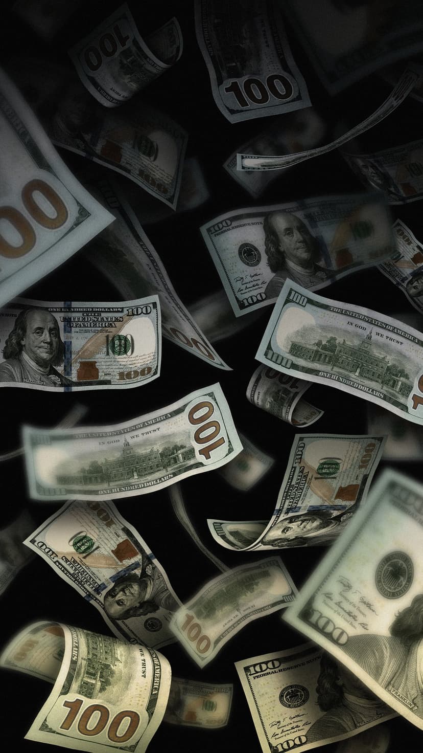 US hundred dollar bills floating and rotating at different angles over a solid dark black background.