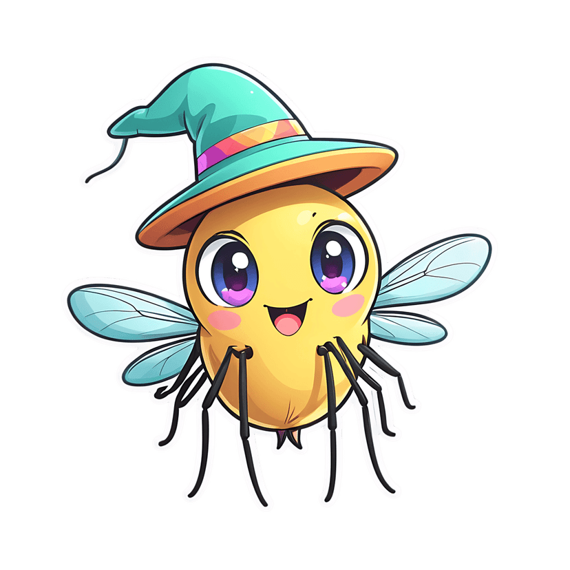 Yellow insect wizard sticker featuring a teal sorcerer hat, translucent wings, and large blue eyes with a white outline.