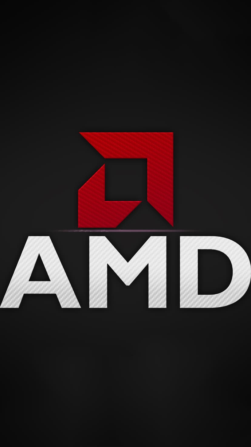 AMD logo featuring a red arrow and carbon fiber lettering centered on a dark, textured vertical background.