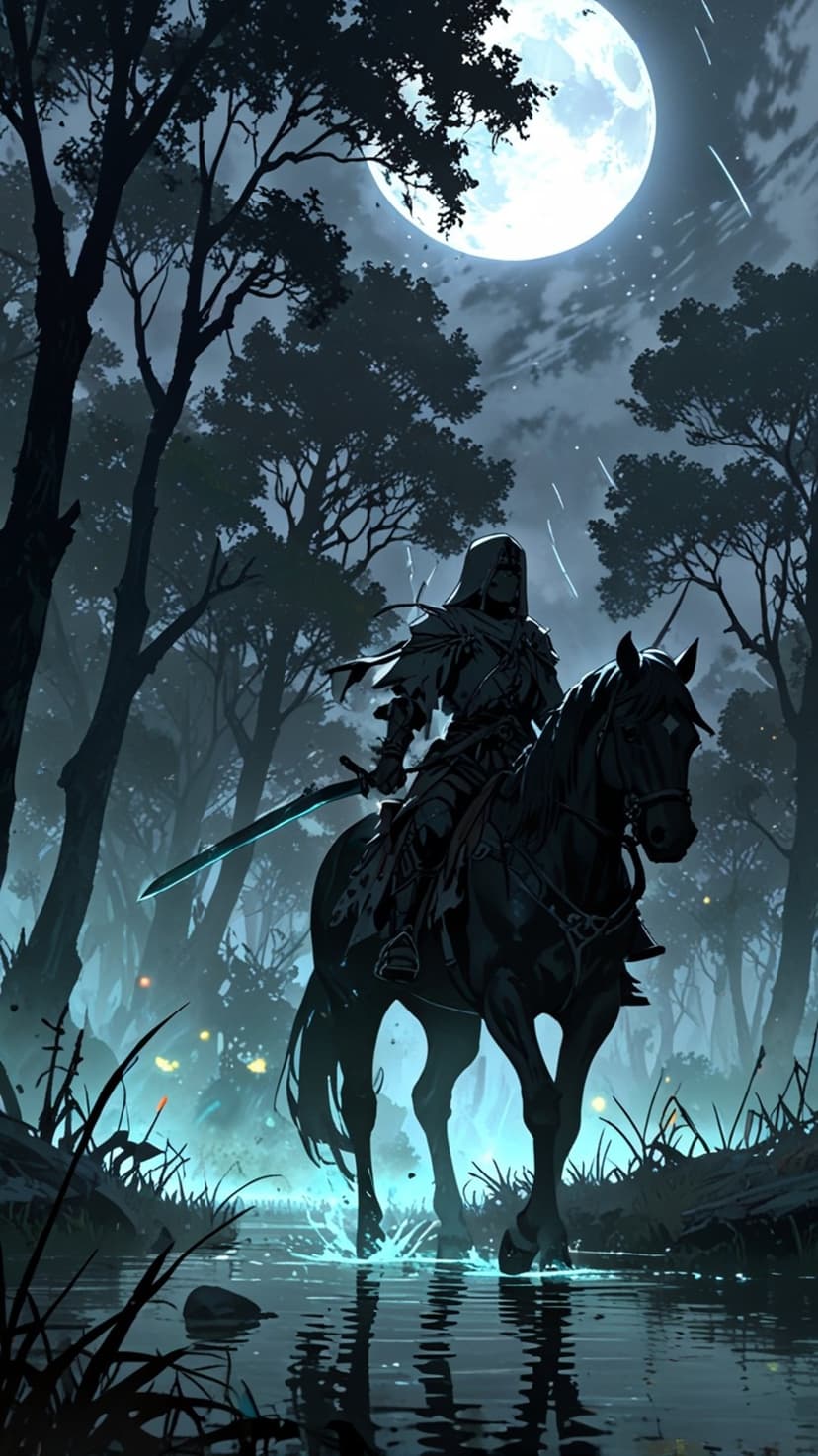 Armored knight on a black horse in a moonlit forest with a glowing blue sword and bright water reflections.