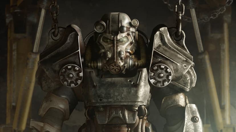 Weathered T-60 Power Armor suspended by metal chains in a dark industrial workshop with mechanical details.