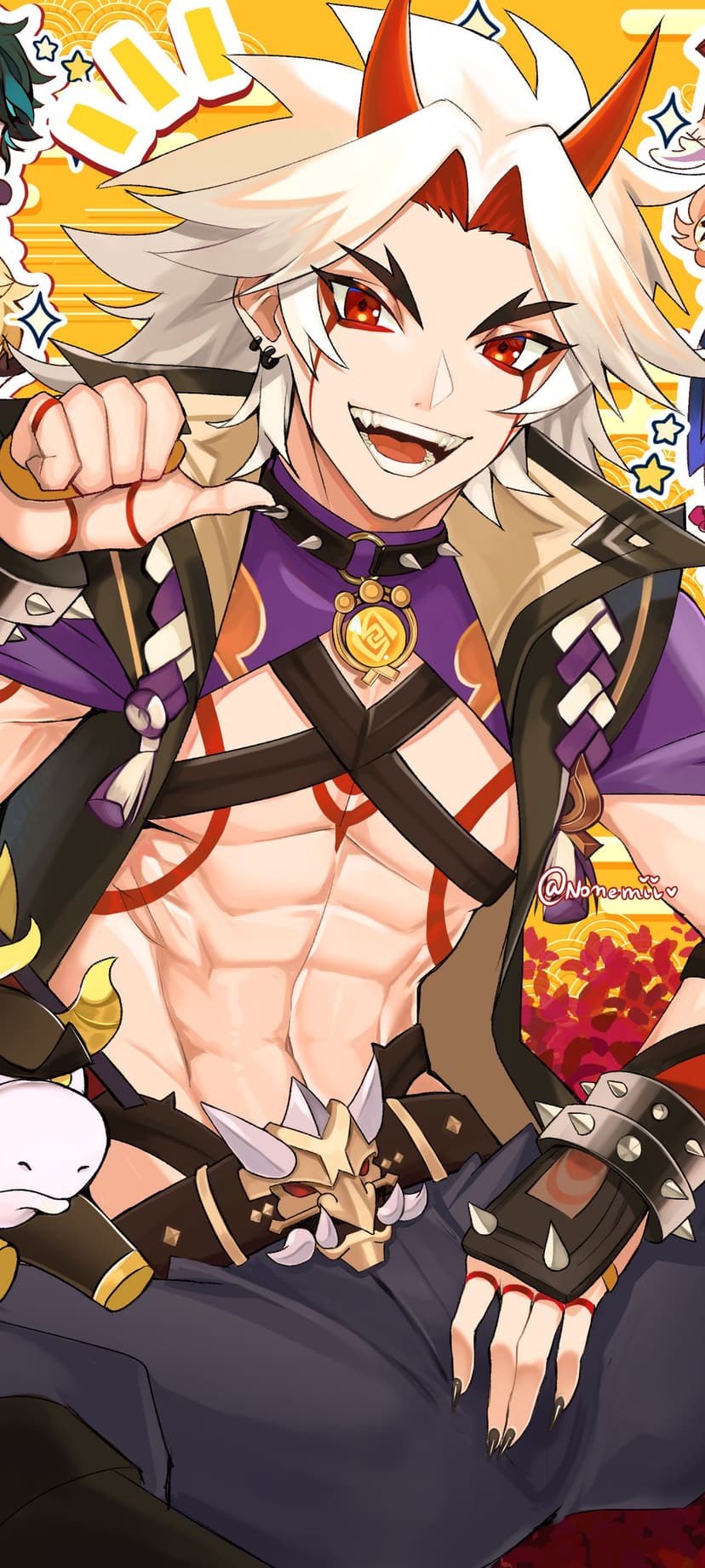Arataki Itto shows his muscular physique and red oni horns while striking an energetic pose with white spiky hair.