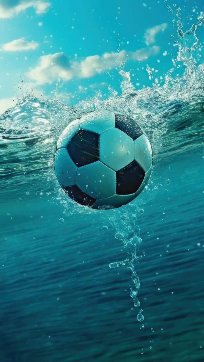 Soccer ball plunging into blue water creates rising bubbles and dynamic splashes under a bright clear sky.