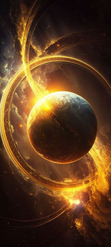 Cosmic Planet with Golden Rings and Nebula