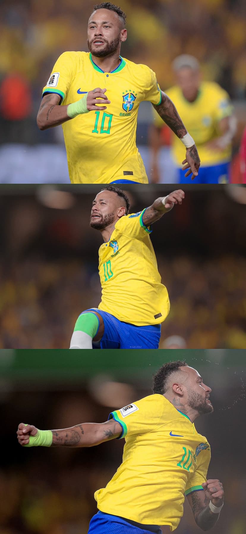 Neymar Jr wearing the yellow Brazil soccer kit during a goal celebration in a dynamic vertical action collage.