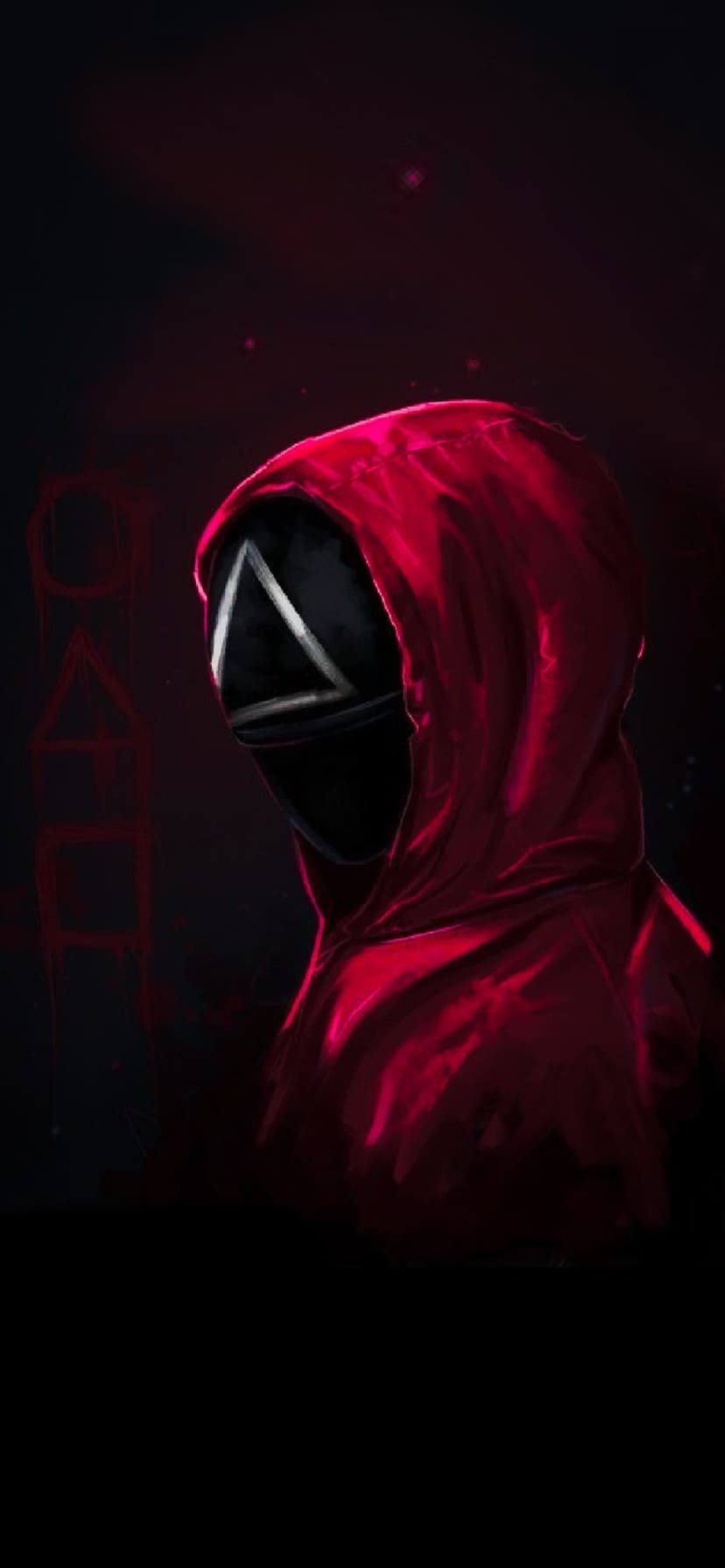 Red hooded guard wearing a black mask with a white triangle symbol set against a dark, moody background glow.