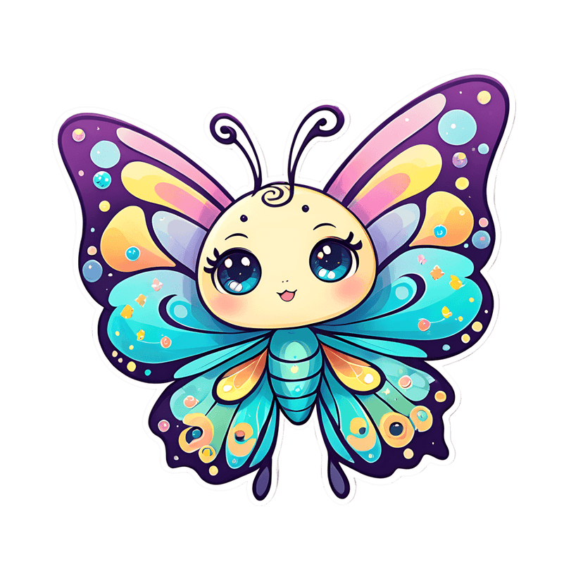Multicolor butterfly sticker illustration with iridescent pastel wings, blue eyes, and a white die-cut border.