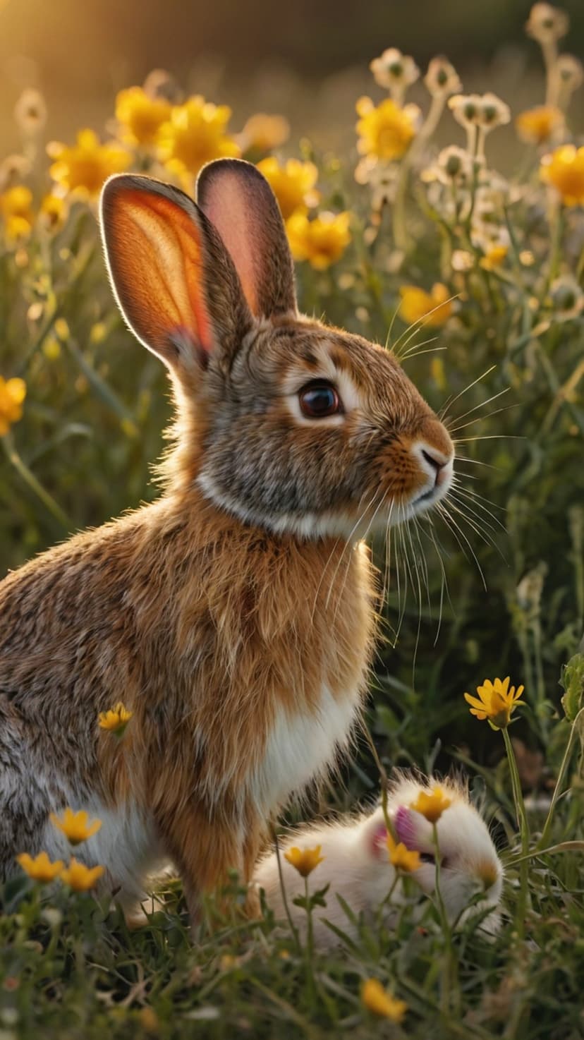 Brown and white rabbit sits in a field of yellow wildflowers under soft morning light with a blurred background.