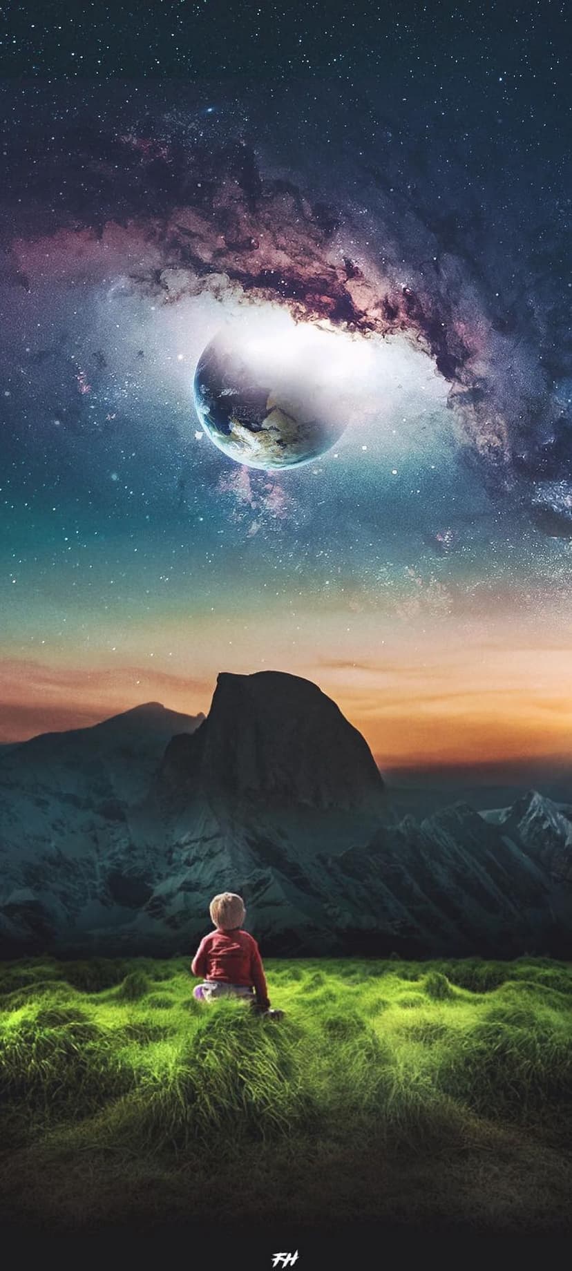 Child sitting in a grassy meadow gazing up at Planet Earth within a colorful starry nebula and mountain range.
