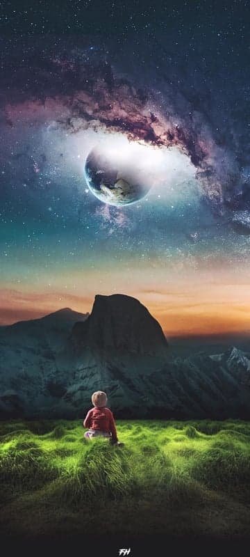 Child Gazes at Planet Earth in Surreal Cosmic Landscape