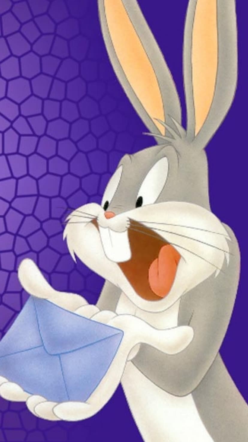 Bugs Bunny holds a blue envelope with an open-mouthed expression against a purple geometric pattern background.