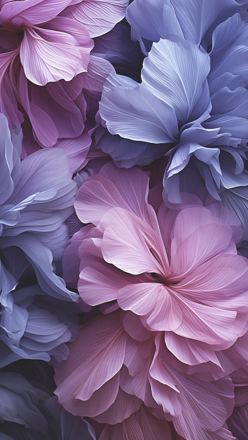 Overlapping purple and pink flower petals showcase translucent textures and soft-focus macro details in nature.