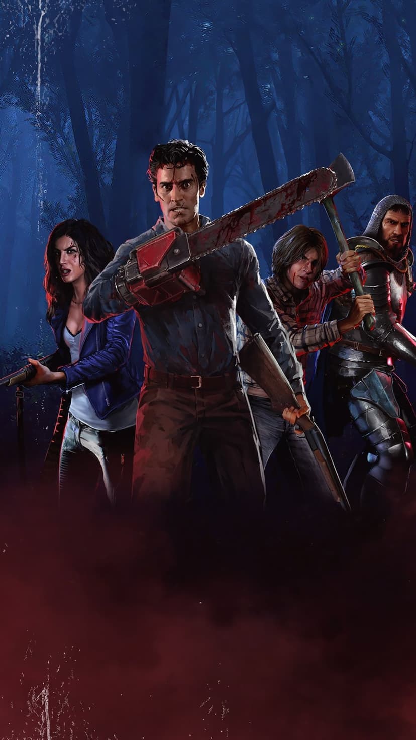Ash Williams raises a chainsaw hand and shotgun while leading survivors through a dark, misty forest.