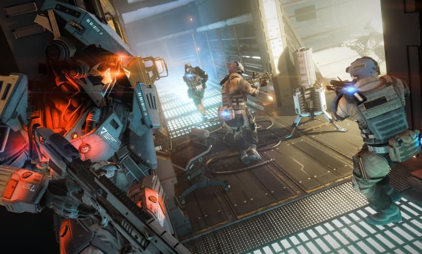 Robotic soldier with glowing orange eyes holds a rifle in a futuristic corridor with tactical squad members.