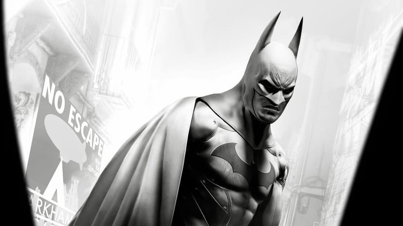 Batman in a tactical suit stands against a gritty Arkham City backdrop with a No Escape poster in monochrome.