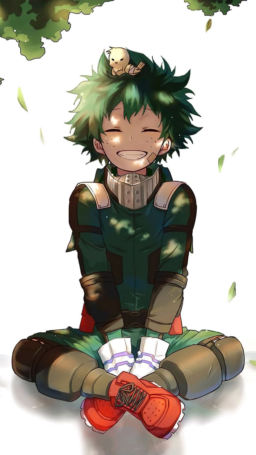Green-haired boy in a hero suit smiles while a small bird perches on his head amidst dappled sunlight.
