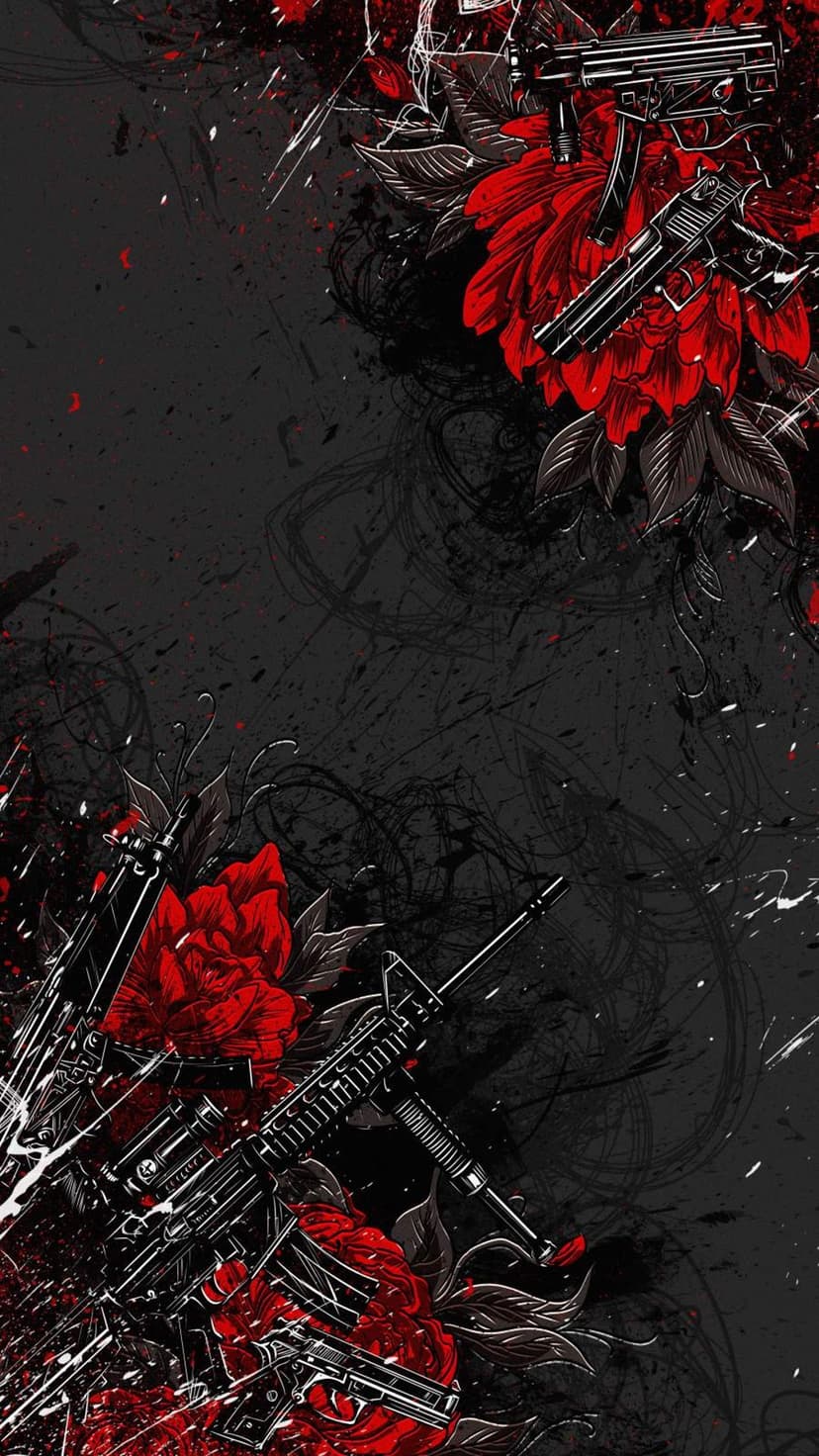 Grayscale revolvers and tactical rifles woven through vivid red roses against a dark, moody background.