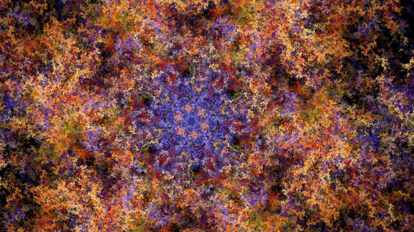 Purple fractal core radiates into orange geometric shards and subtle green filaments in a vertical arrangement.