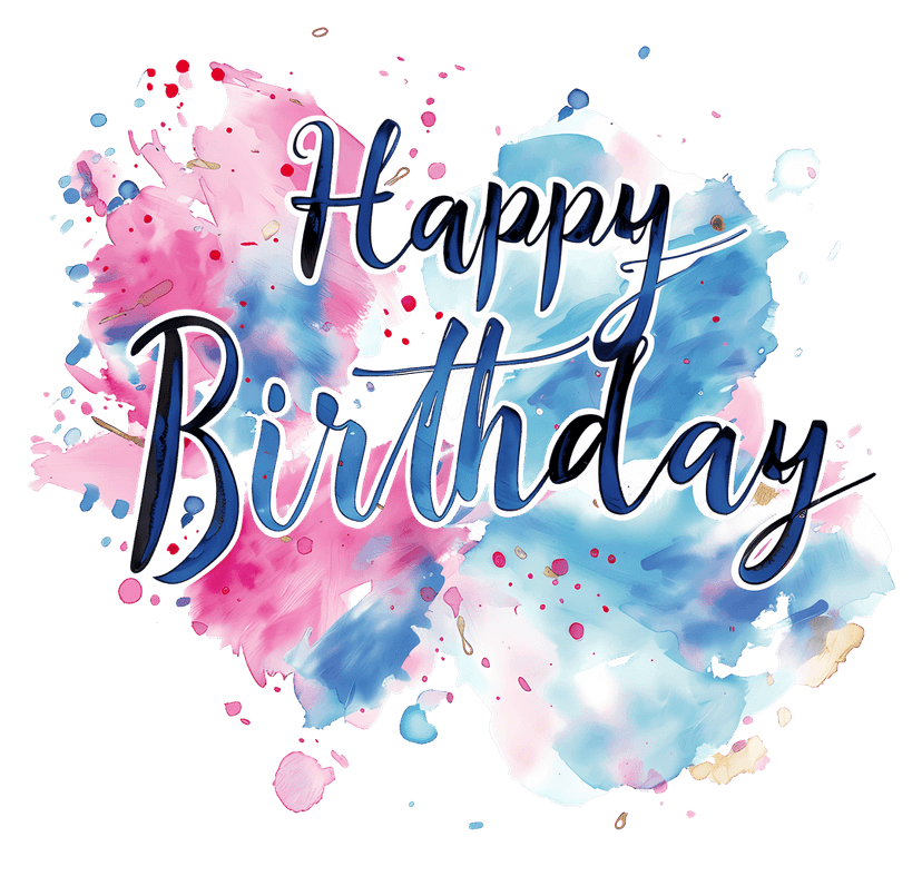 Happy birthday typography rendered in vibrant watercolor paints with soft blended edges and textured brush strokes.