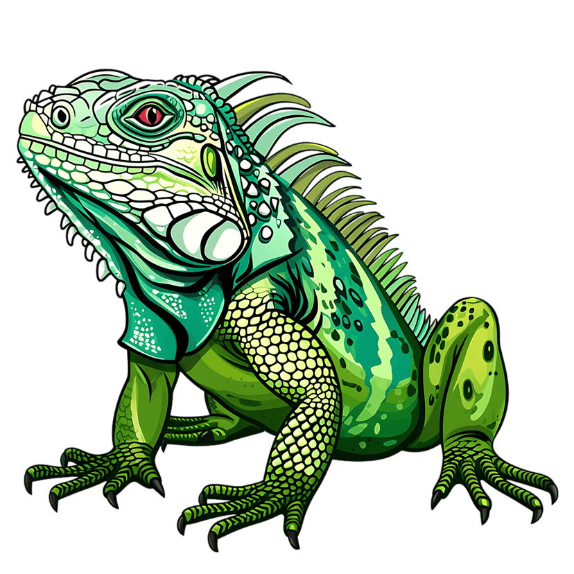 Green iguana illustration with detailed scales and a red eye sits in profile against a black background.