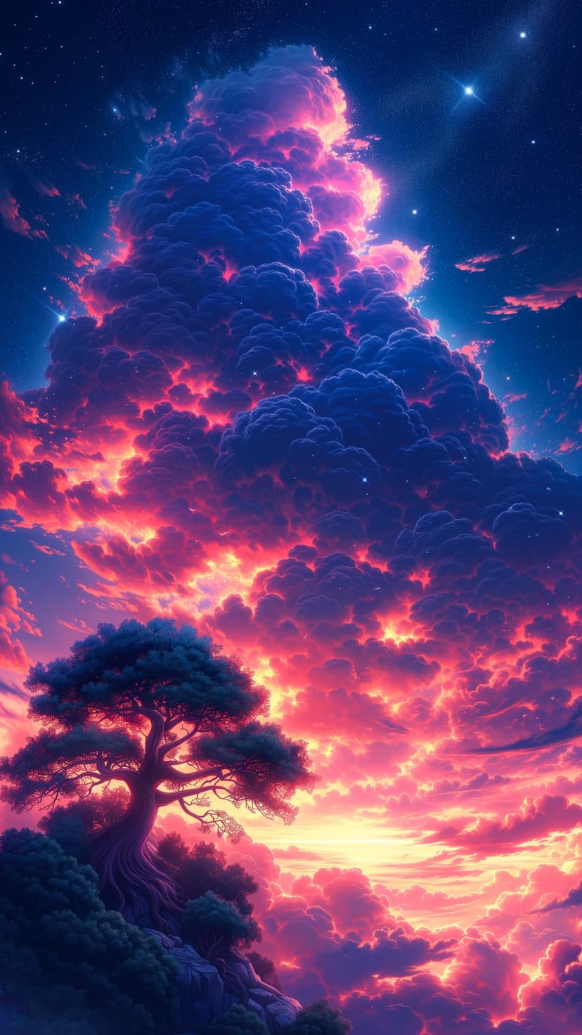 Ancient tree silhouette on a rocky cliff under a glowing pink and orange nebula with distant twinkling stars.
