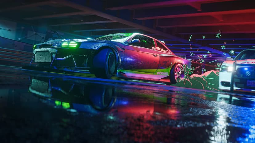 Need for Speed Unbound sports car speeds through a neon city at night with motion blur and wet pavement.