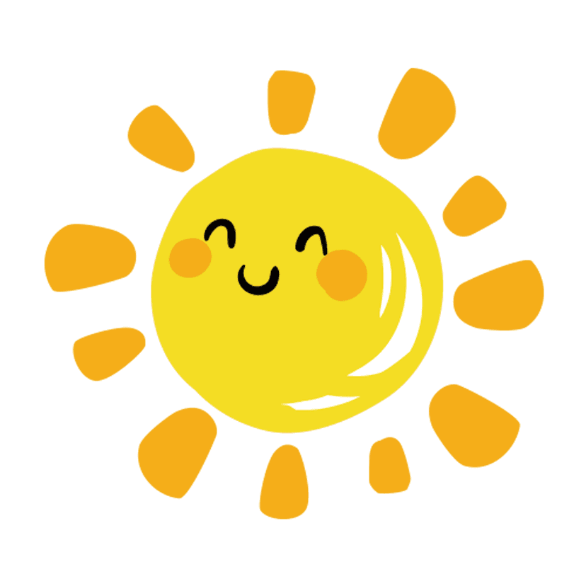 Sun cartoon illustration with orange rays and a black line art face centered on a transparent background.