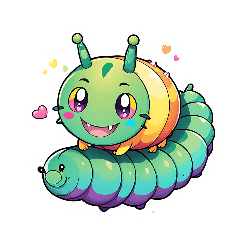 Glossy caterpillar stickers featuring green and purple gradients with floating hearts on a dark background.