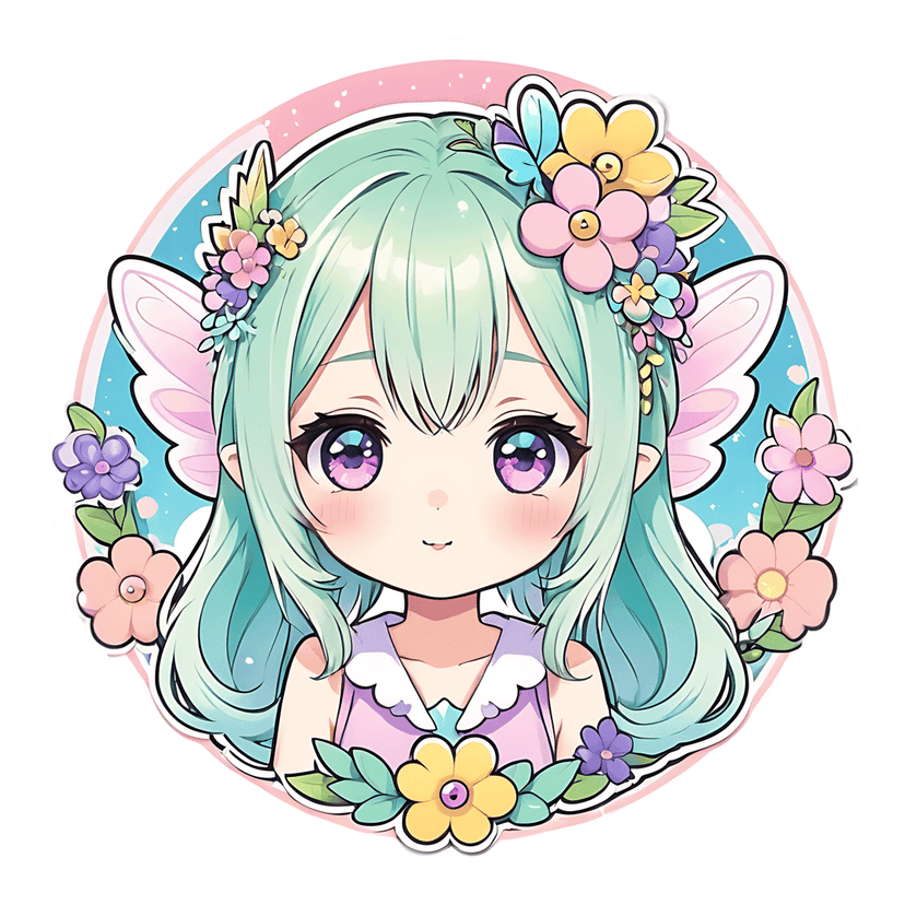 Mint green hair fairy sticker with pink wings and a floral wreath on a soft pink and blue pastel background.