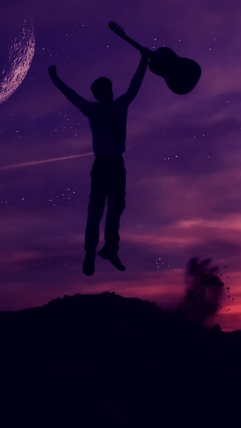 Silhouette of a person jumping with a guitar against a purple star-filled sky and a thin crescent moon.