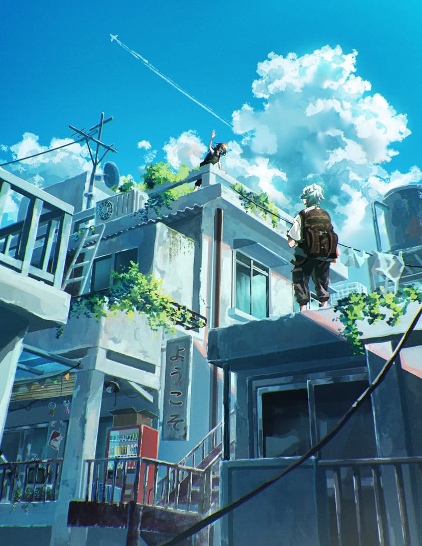 Two youth sit on a sunny city rooftop beneath a blue sky with an airplane trail and lush green plants.