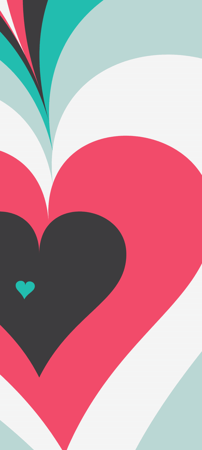 Overlapping pink and teal heart outlines in a concentric pattern with white arced lines on a dark grey background.