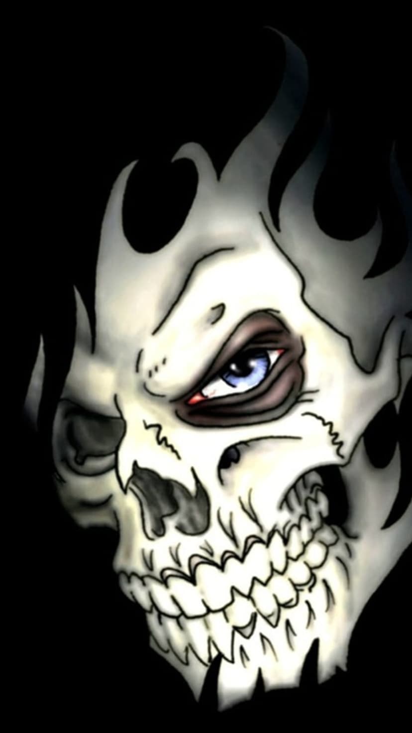 Bone-white skull with black tribal flame tattoos and a detailed blue iris with red veins on a dark background.