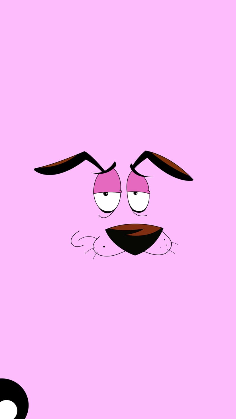 Courage the Cowardly Dog shows a worried face with large white eyes and a pink nose on a solid pink background.