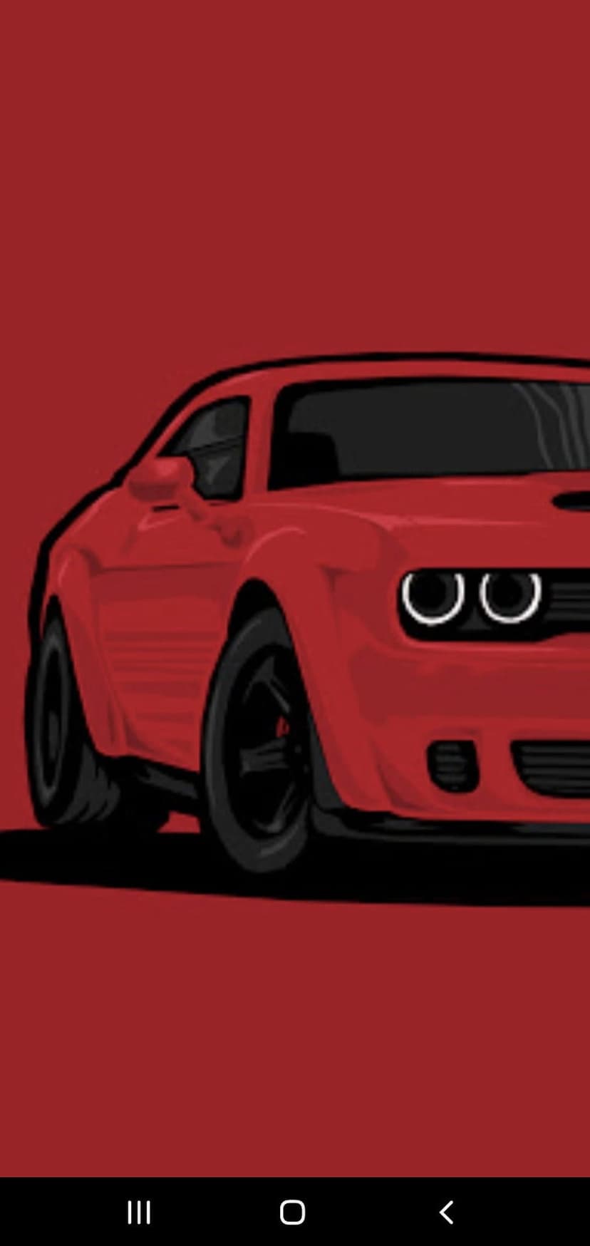 Red Dodge Challenger Hellcat showing aggressive front grille and round headlights against a solid crimson backdrop.
