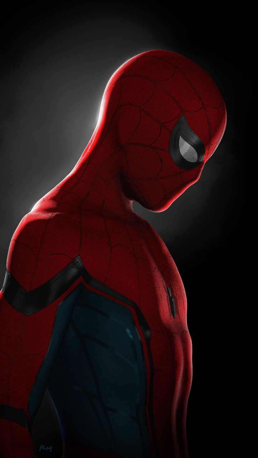Spider-Man in a red and blue suit shows detailed webbing while posing in profile against a dark background.