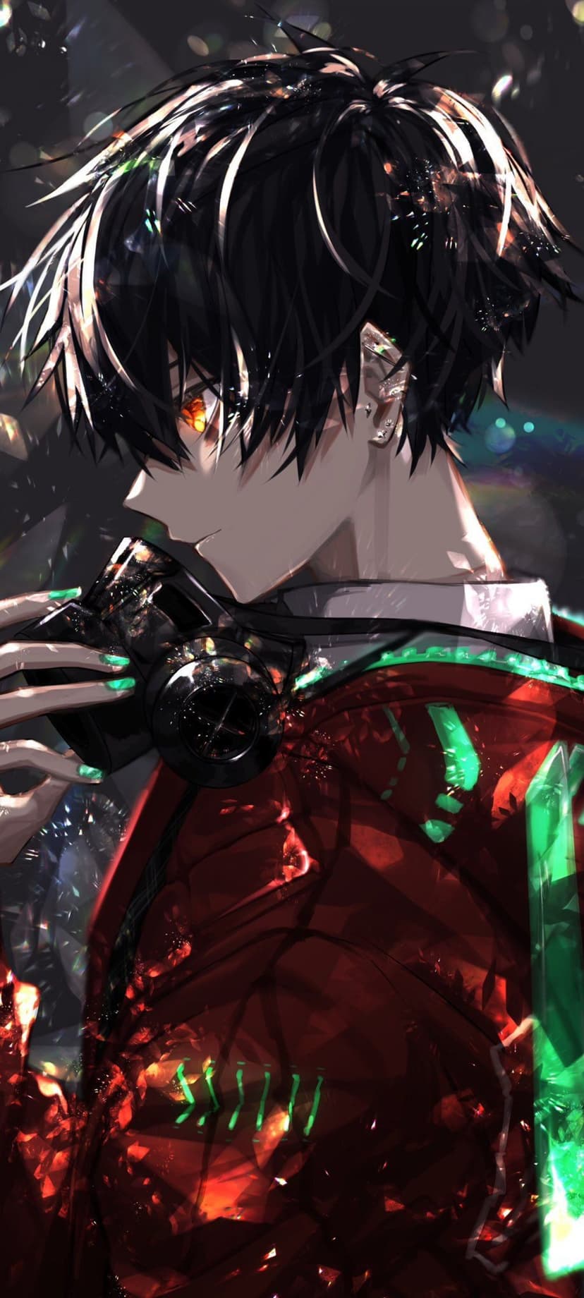 Anime boy with spiky black hair, glowing orange eyes, and red-green mechanical armor against a dark bokeh backdrop.