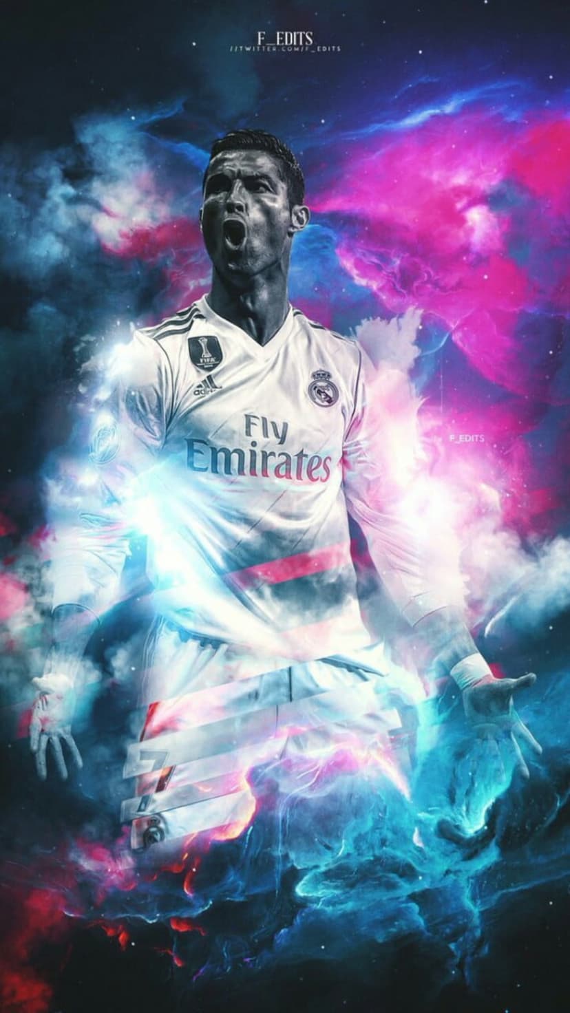 Cristiano Ronaldo in a white jersey emerges from a glowing purple and orange nebula filled with stardust.